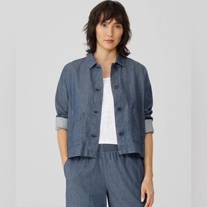 EILEEN FISHER NWT L Airy Organic Cotton Twill Jacket in Denim • Boxy Utility